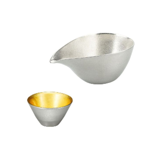 Sake Vessel Set - Katakuchi (Sake Pitcher) Size Large and Tin Sake Cup(Gold Leaf Type II)