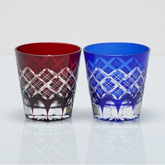 EDOKIRIKO Stacked Yarai Old Pair Red x Blue Japanese Soda Glass