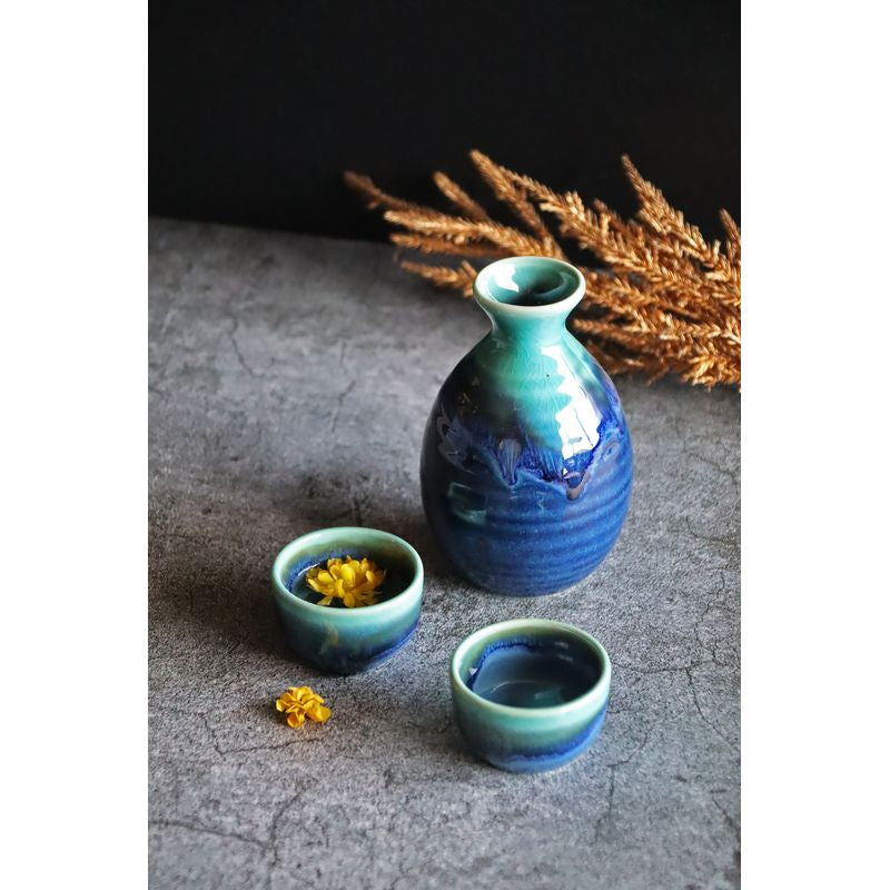 Sake Pot - Émail turquoise 3 pièces