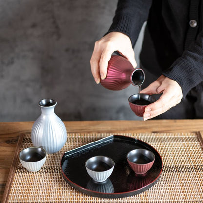 Sake Ware Set - Metal Color Topaz Red  (in a Wooden Box)