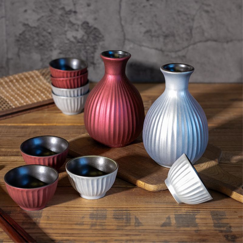 Sake Ware Set - สีโลหะ Galena สีเงิน (ในกล่องไม้)