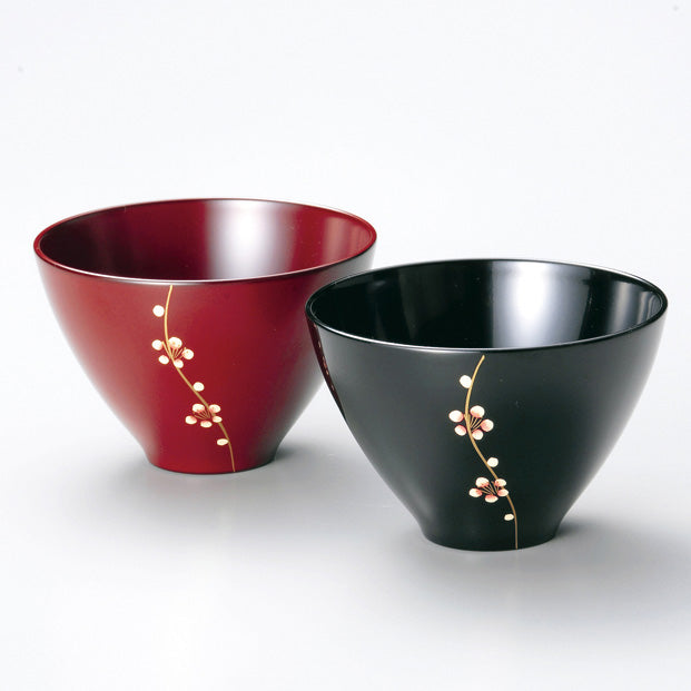 isuke Miso Soup Bowls Pair set black & red "Plum" Handmade Lacquerware Japan