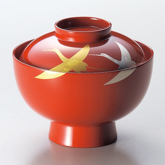 isuke Miso Soup Bowl with lid "Paper Cranes" Handmade Urushi Lacquerware Japan