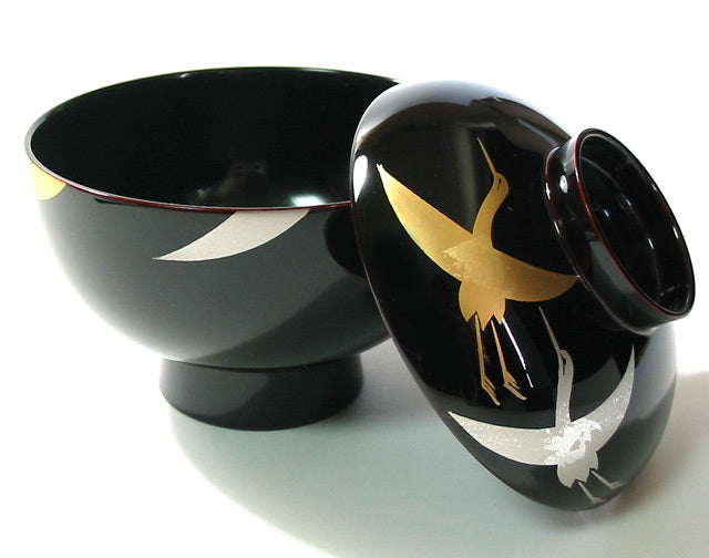 isuke Miso Soup Bowl with lid Paper Cranes Handmade Urushi Lacquerware Japan